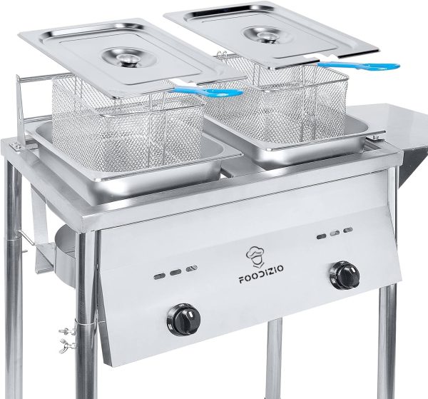 FOODIZIO Two Tank Outdoor Deep Fryer | Commercial Deep Fryer Propane with 2 Stainless Steel Basket & Lid Covers | Large Oil Tank Capacity with Regulating Knobs